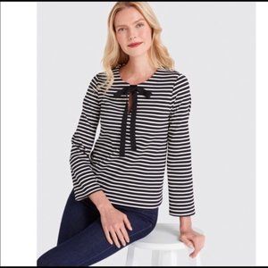 Draper James Black and White Stripe Tie Neck Top